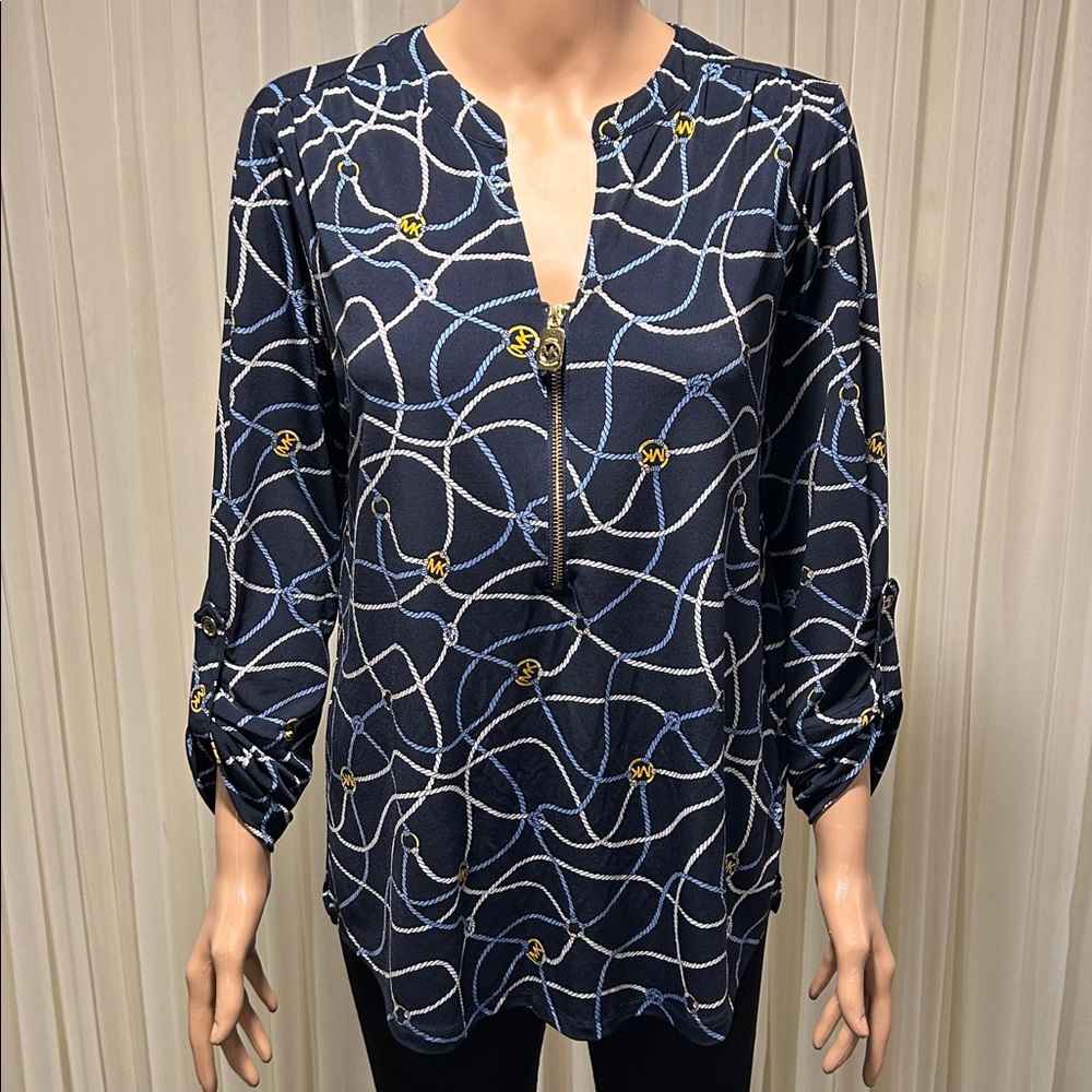MICHAEL Michael Kors Navy and White Blouse with Gold Accents